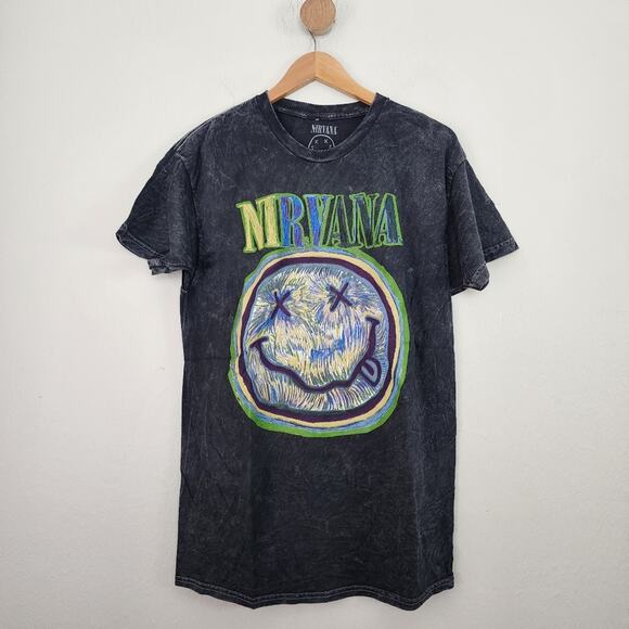 Urban Outfitters Nirvana Black Acid Wash Smiley Graphic Crewneck Cotton Band Tee - Picture 1 of 8